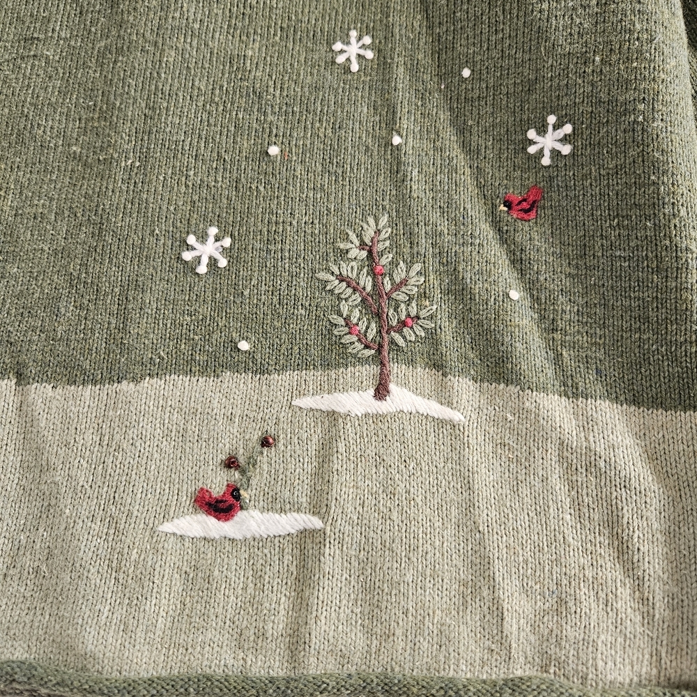 Christmas Holiday Cardigan Green Needlepoint Winter Festive Zip Womens L - Picture 7 of 9